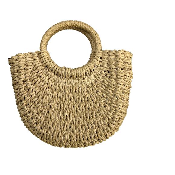 Circle Handle Rattan Straw Woven Crossbody Handbag Purse Women’s Medium - Picture 2 of 4